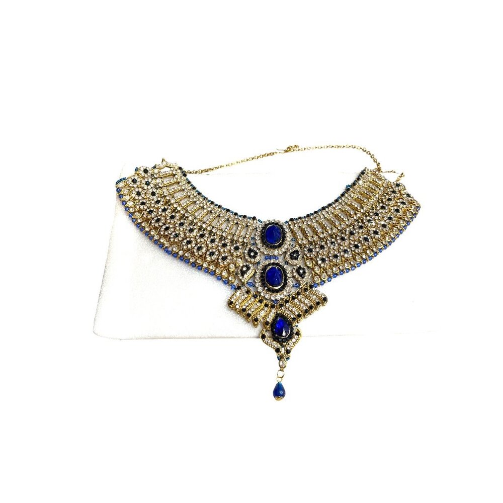 Gold & Blue Crystal Bib Necklace With Matching Chandelier Earrings Bridal - Picture 3 of 16